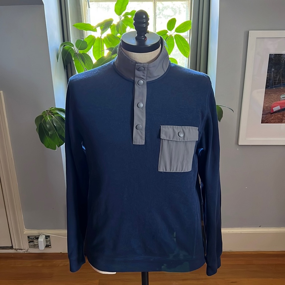 LL Bean Mens Large Blue 1/4 Snap Pockets Pullover Long Sleeve 100% Cotton
